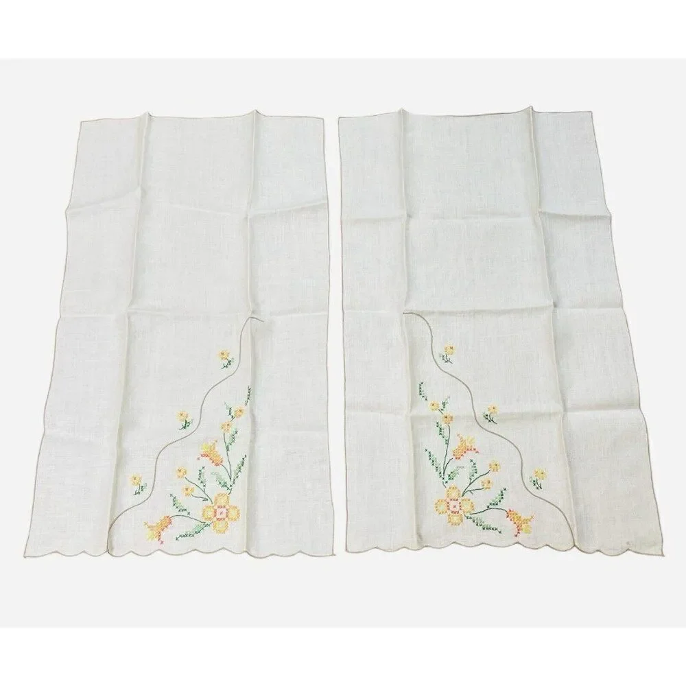 Vintage Embroidered Yellow Orange Flower Linen Tea Towels Set 2 Floral 19 x 12